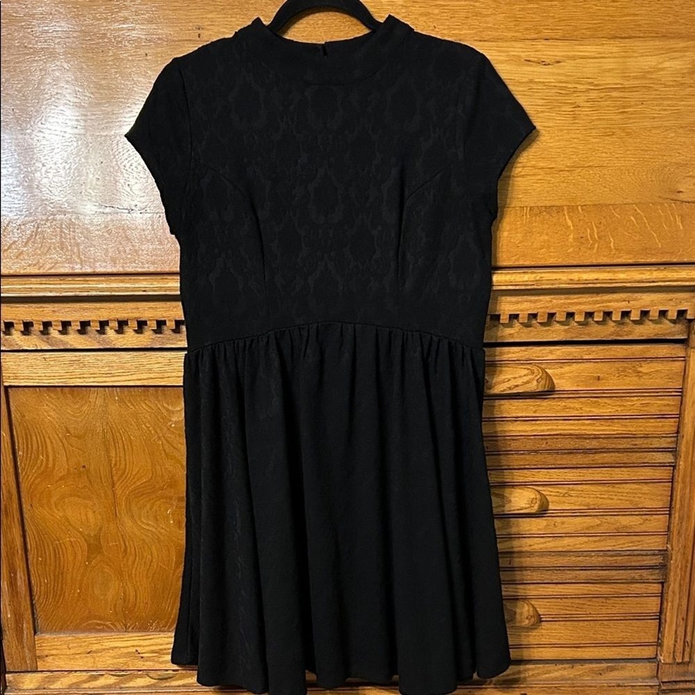 Black Whimsigoth Jacquard‎ Fit and Flare Dress High Neck Keyhole Back Romantic
